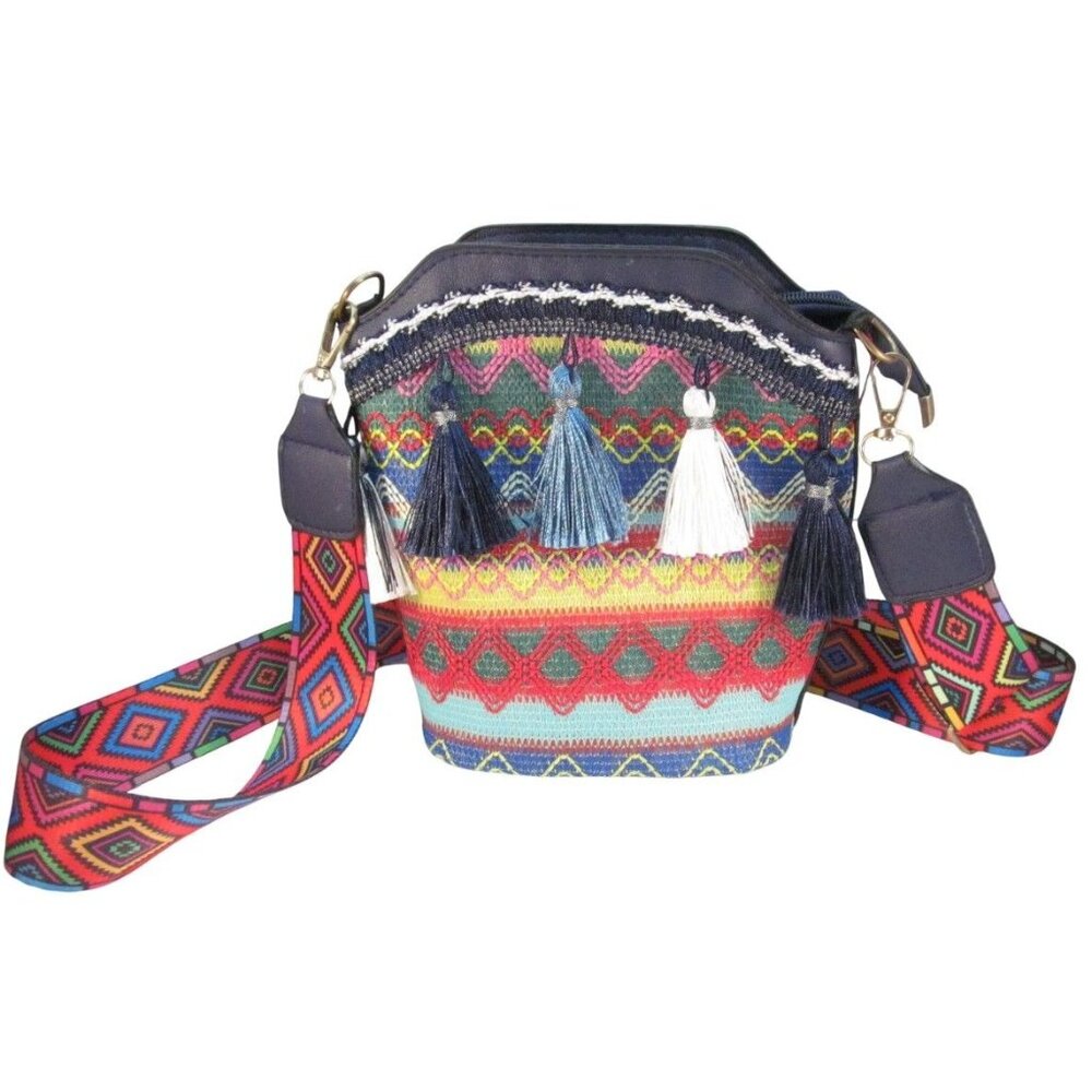 Bohemian Multicolor Crossbody Bag with Tassels & Adjustable Strap